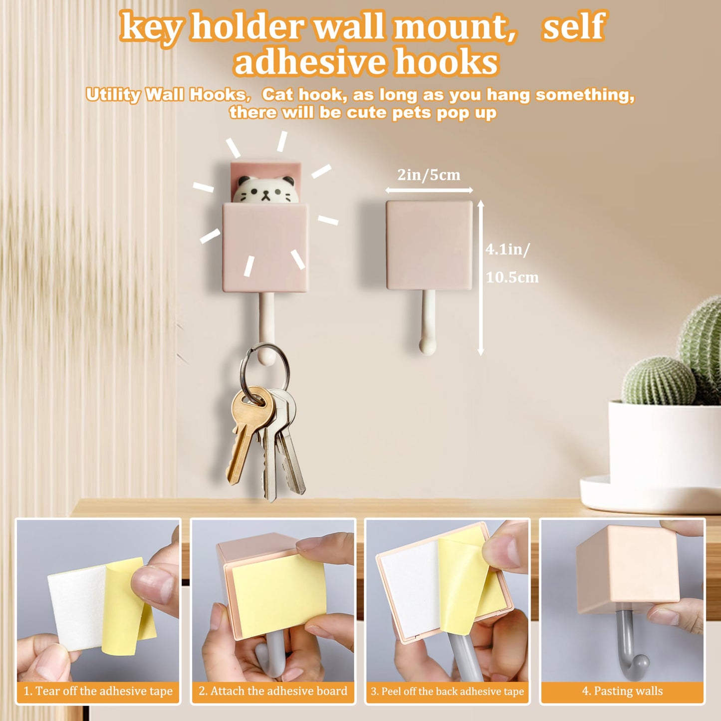FUZSKWID 4Pcs Cute Self Adhesive Wall Hooks for Hanging -Max Load 10LB,Utility Heavy Duty Hook for Coat, Towel,Scarf, Hat, Robes,Key and Other Items,Creative Kawaii Room Decorative Cat Hook