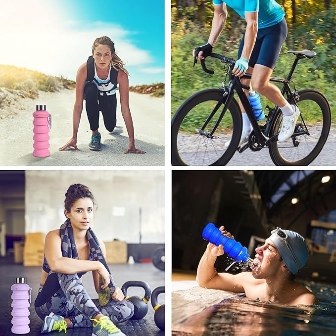 JaneJu Collapsible Water Bottle, 17oz BPA Free Silicone Reusable Portable Lightweight Foldable Water Bottles with Carabiner, Portable Leak Proof Sports Water Bottle (White)