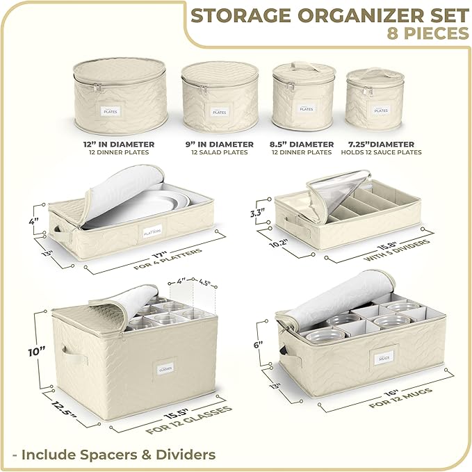 Sorbus China Storage Containers (Quilted) - Glass & Dish Storage Containers for Transport, Moving, Party - 8 Pc Stackable Plate Storage Set for Dinnerware, Mugs, Cups - Felt Plate Protectors Included