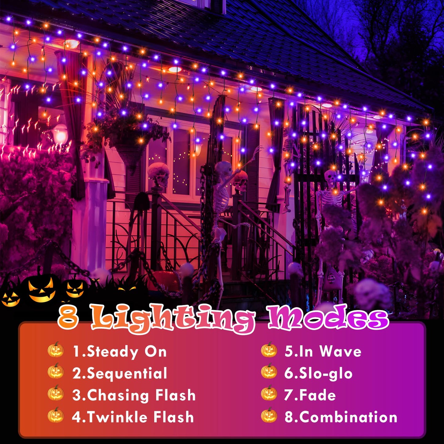 Heceltt Halloween Lights, 640 LED 66FT, Orange and Purple, Clear Wire, 8 Modes, Timer Memory Function, Model BG-CL3M3-306L01