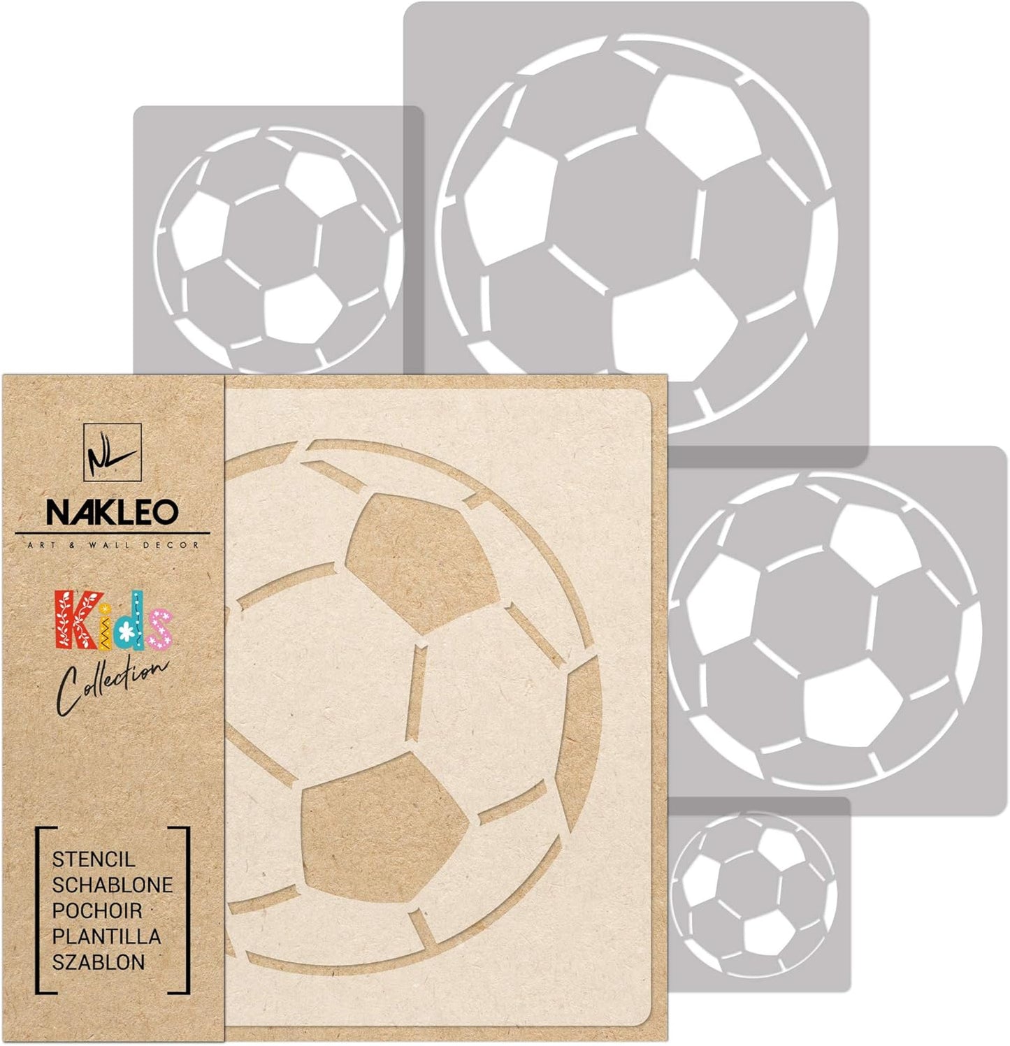 NAKLEO Painting Stencils Set for Kids, 5 Pcs Templates 3.5" to 13.4" Ball Football Sport, Plastic and Reusable Drawing Stencils, Children Room Decor, Craft DIY Wall Furniture