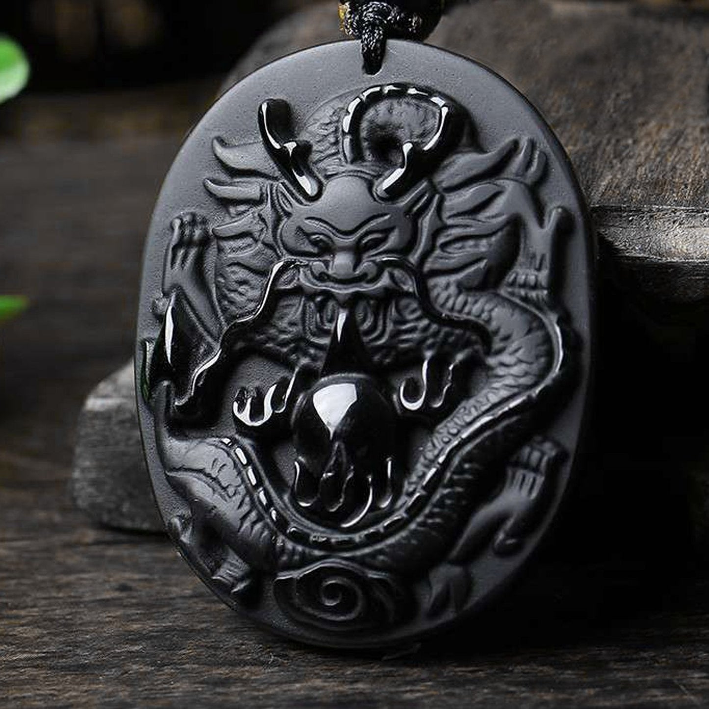 Bella Jade Chinese Zodiac Necklace Pendant Amulet Talisman Made of Obsidian (Dragon - Dignity)