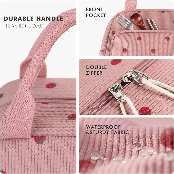 HOMESPON Lunch Bag for Women Men Adults with Front Pocket Cute Corduroy Insulated Lunch Tote Large Capacity Lunch Box Cooler Container for Work Picnic or Travel (Strawberry Pink)