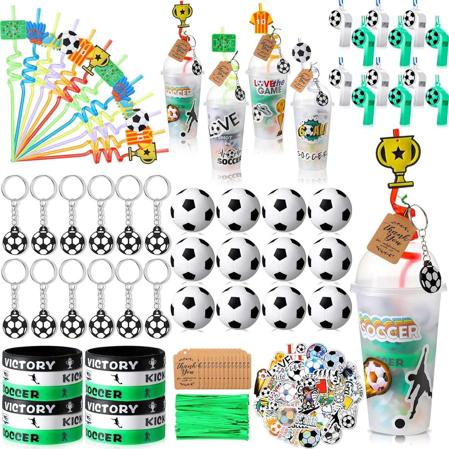 Weysat 184 Pcs Soccer Party Favors Party Supplies with Cup Straw Stress Ball Keychain Sticker Bracelet Whistle Thank You Tags for Birthday Decorations (Soccer)