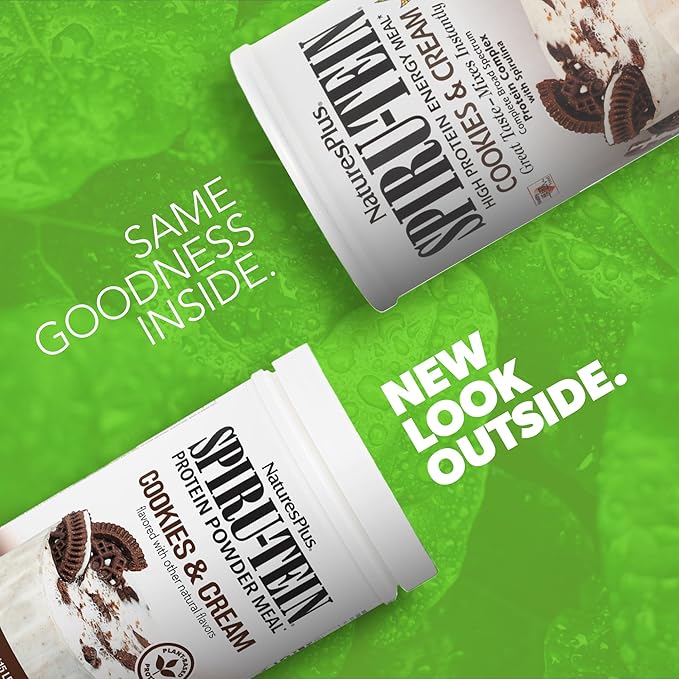 NaturesPlus SPIRU-TEIN Shake - Cookies & Cream - 1.15 lbs, Spirulina Protein Powder - Plant Based Meal Replacement, Vitamins & Minerals For Energy - Vegetarian - 15 Servings