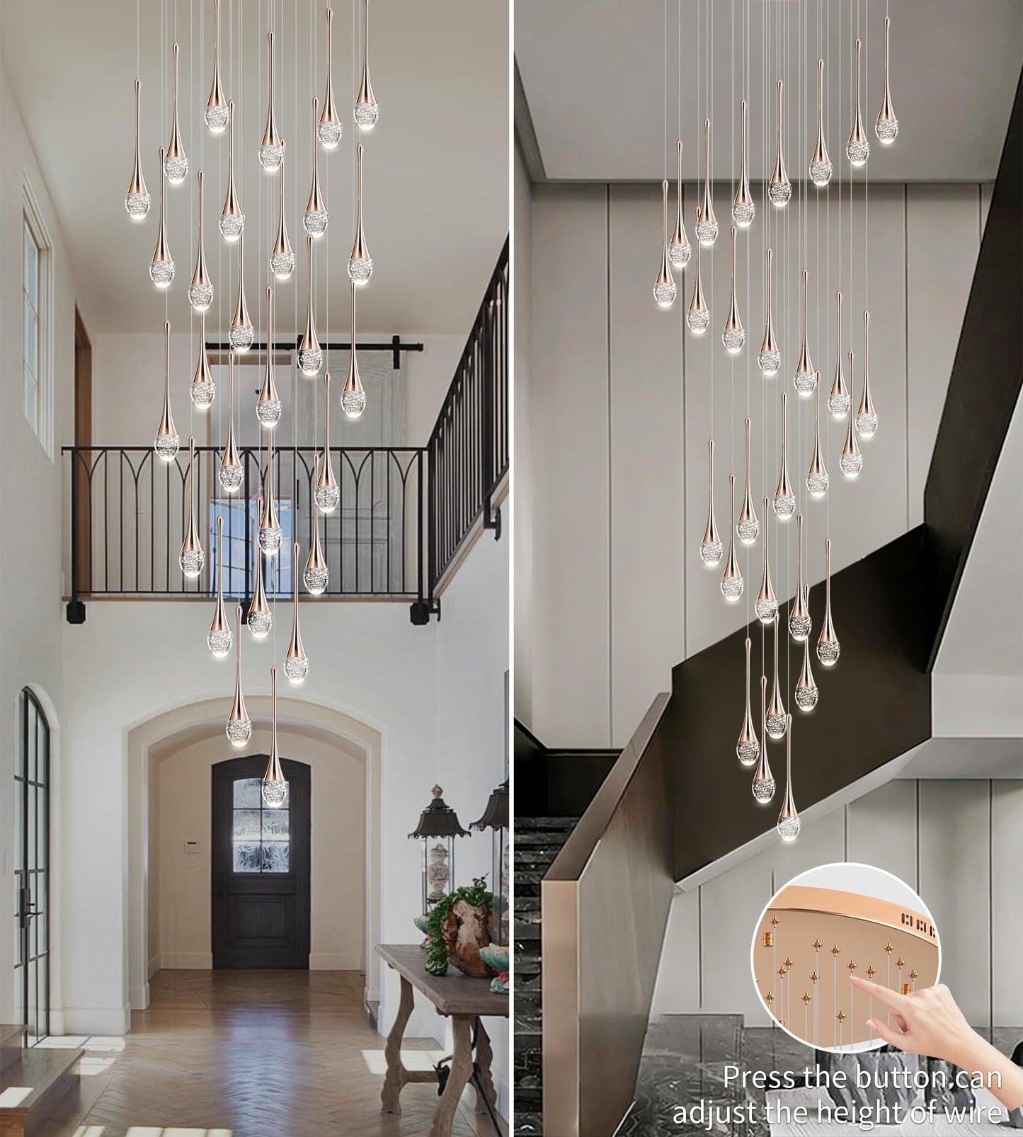 Upfelw 7-Light Modern Crystal Chandelier, Gold, Dimmable LED, H60in  High Ceiling, Model UCC-G07-0436