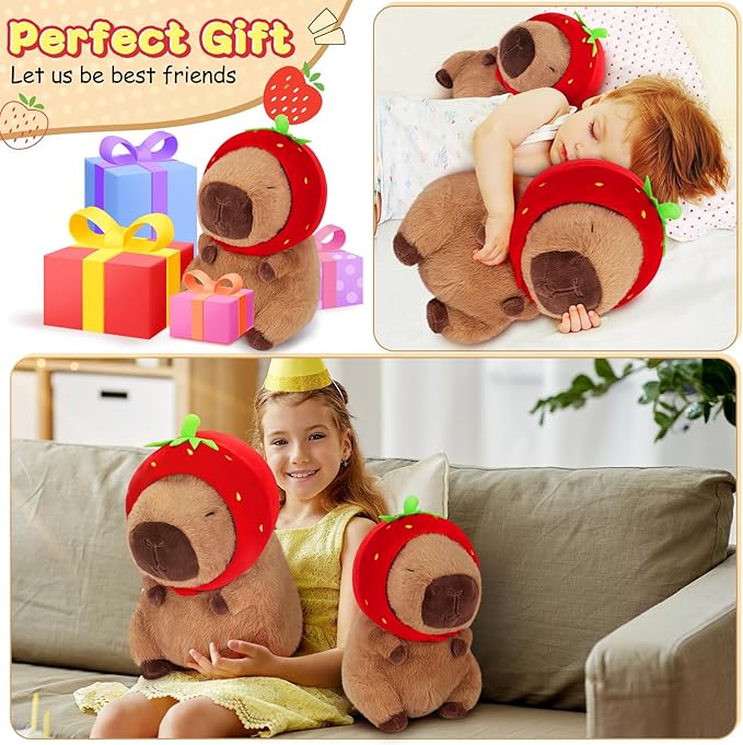 Achwishap Capybara Plush,Cute Plushies Capybara Stuffed Animal,Capybara Plush Toys,Kawaii Plush Stuffed Toy with Strawberry Hat Plushie Gift for Kids Adults Birthday(Capybara with Strawberry Hat,16”)