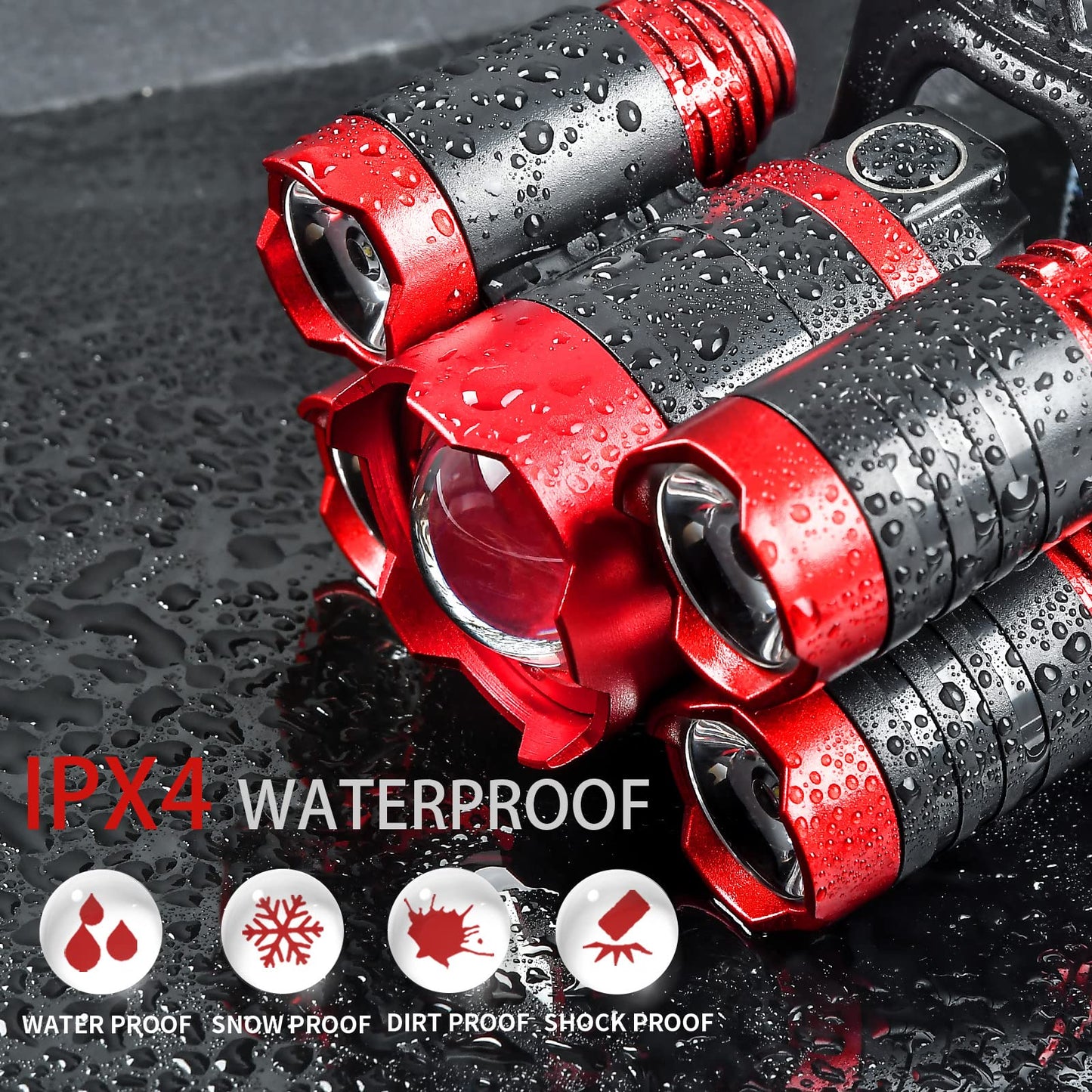 JIMEJV USB Rechargeable Headlamp 12000 Lumen LED, Waterproof, 4 Modes, Red, Model ASMEI0046