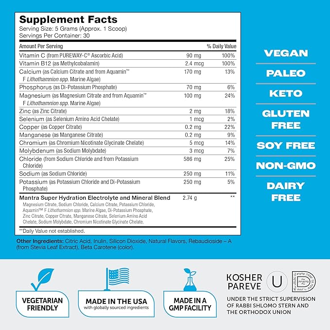 Mantra By Zahler Game-Changing, Great-Tasting, Sugar-Free Hydration Supplement, Lemonade Flavor, 30 Servings.