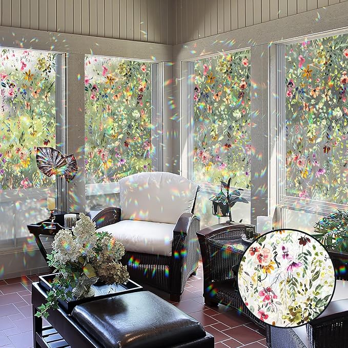 Rainbow Suncatcher Floral Window Film, Privacy Iridescent Static Cling Double-Sided Decals for Window Door Glass Decor, Spring Colorful Flower, 118.11" x 16.93"