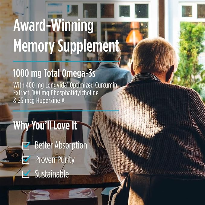 Nordic Naturals Omega Memory with Curcumin, Lemon - 60 Soft Gels - 1000 mg Omega-3 + 400 mg Optimized Curcumin - Memory, Cognition - Contains Phosphatidylcholine & Huperzine A - Non-GMO - 30 Servings