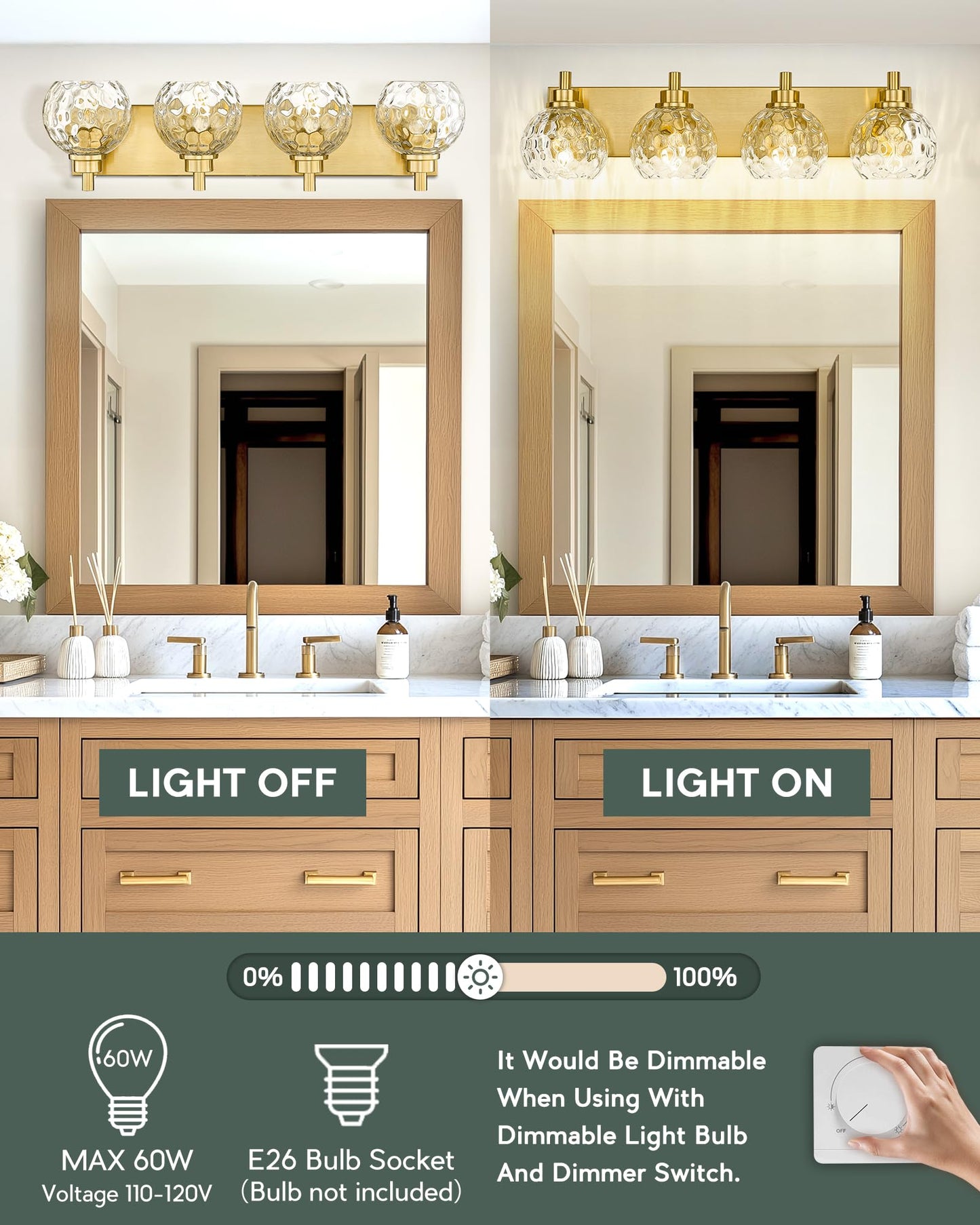 Metwet Bathroom Light Fixtures Over Mirror  26  Brushed Gold Bathroom Vanity Light With Clear Hammered Glass Globe Shade  4-Light Modern Sconces Wall Lighting  Vl200-Bg-Cl-4