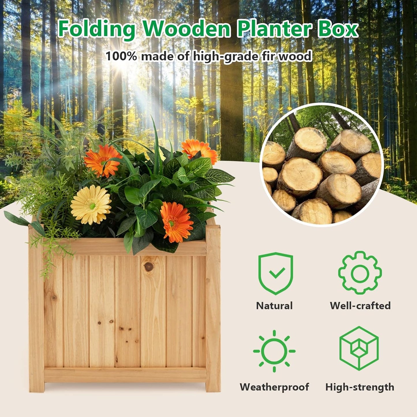GRAFFY Raised Garden Bed, Folding Wood Planter Box w/Removable Bottom & Drainage, Indoor Outdoor Square Elevated Planter for Flower Herb Vegetable Fruit, Plant Container for Grass Lawn Patio Backyard