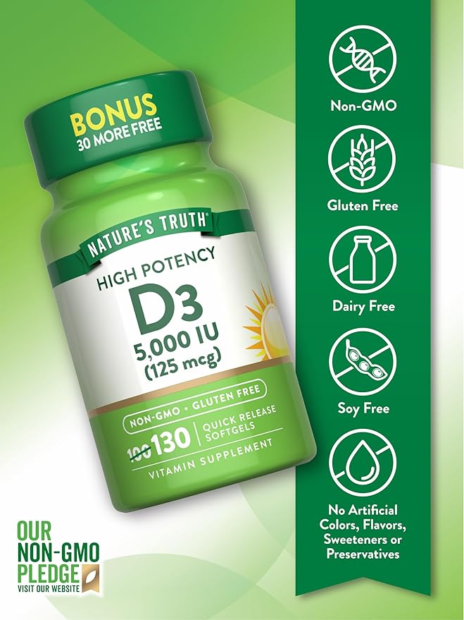 Nature's Truth Vitamin D3 5000 IU Softgels | 130 Count | High Potency | Non-GMO & Gluten Free Supplement