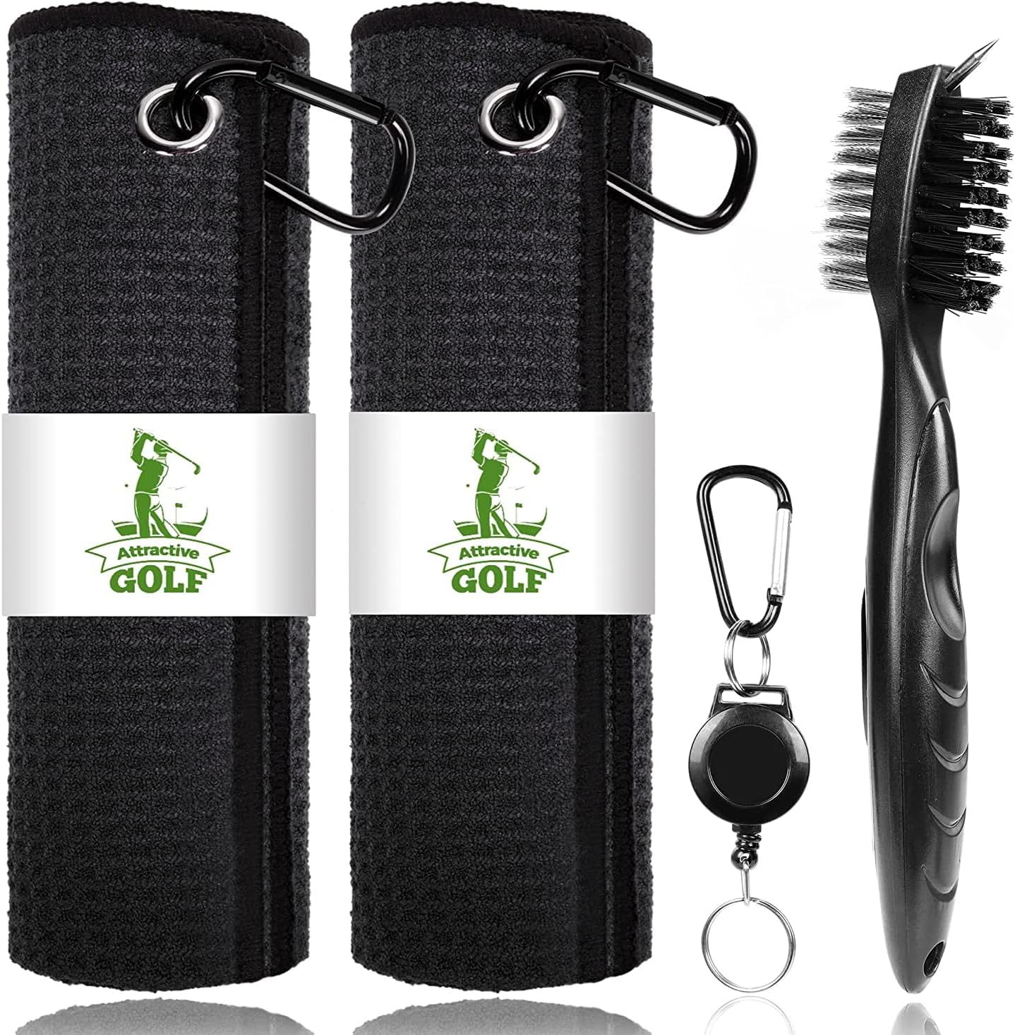 ATTRACTIVE Golf Towels, Microfiber Waffle Pattern Towels - Golf Club Brush with Cleaning (2 Black Towel+Black Brush)