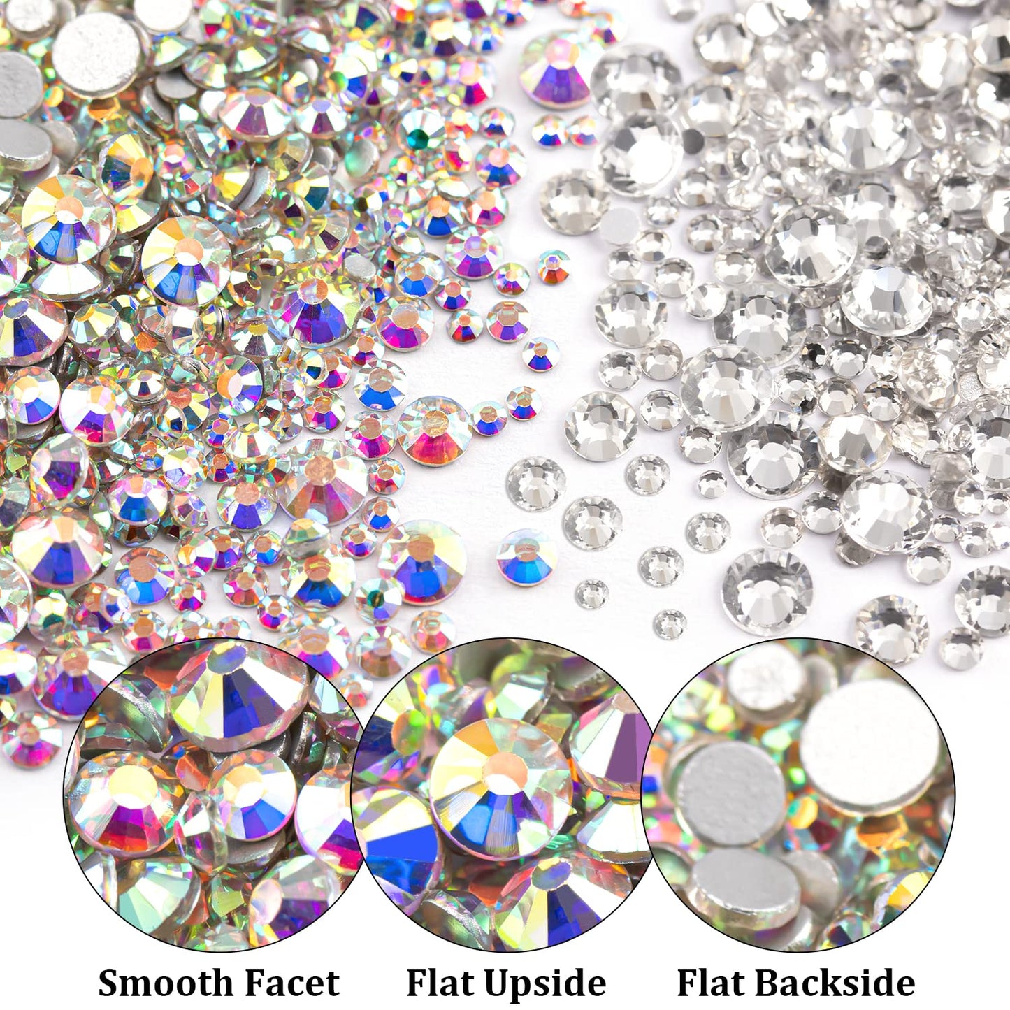 One Pack 2000 Pcs of Flatback Round AB Crystal+Transparent White Clear Rhinestones 6 Sizes (1.5-6 mm) with Nail Art Rhinestone P