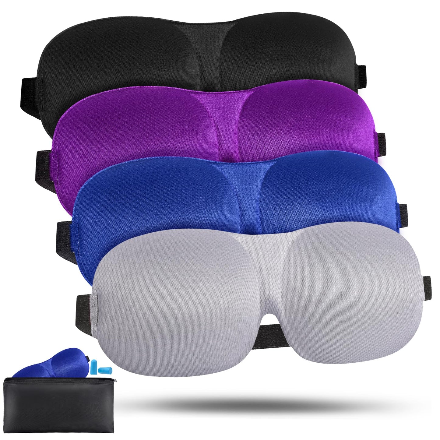 4 Pack Sleep Mask for Women and Men Adjustable Blackout 3D Eye Masks for Sleep, Blindfold with Storage Bag and Earplug for Travel Nap and Night (Black, Purple, Blue, Gray)