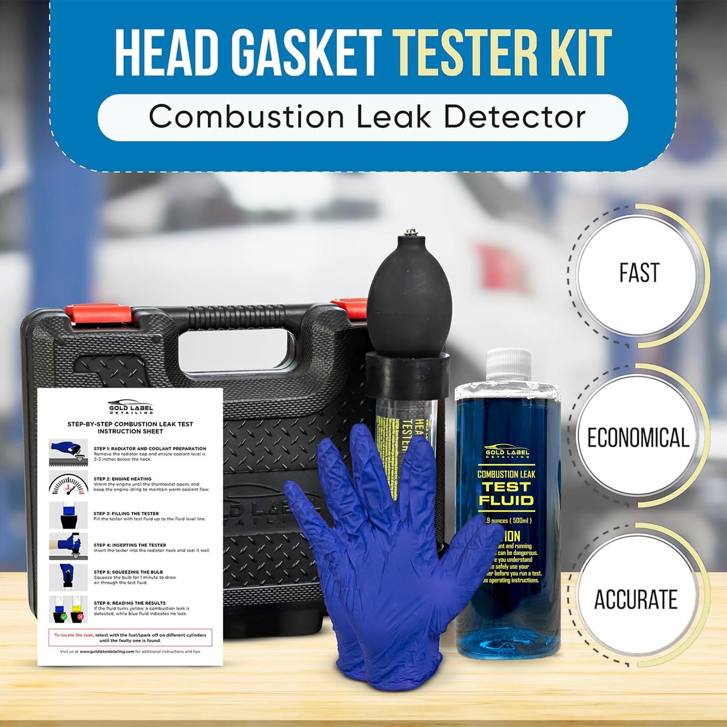Gold Label Detailing Combustion Leak Detector Kit - 100+ Tests Automotive Engine Block and Head Gasket Tester, Ideal for Detecting Blown Gaskets (Tester with 18oz Fluid)