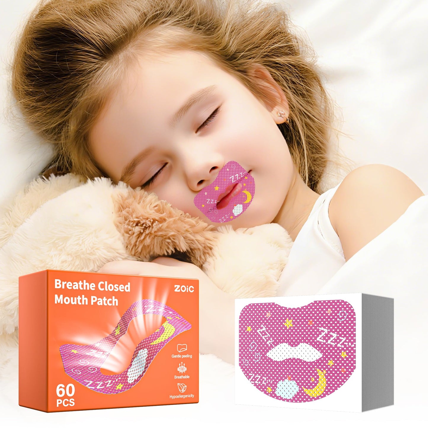 60pcs Mouth Breathing Correction Patch, Children's Closed Mouth Patch, Adult Anti-snoring, Closed Mouth Patch, Improve Mouth Breathing Facial Problems (Pink, 60pcs-Ages 3-7)