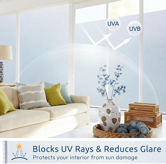 rabbitgoo Frosted Glass Window Privacy Film, No Glue, Anti-Glare Heat Blocking, Easy to Install, Renter Friendly Removable Opaque Bathroom Window Clings for Glass, 35.4 by 78.7 inch