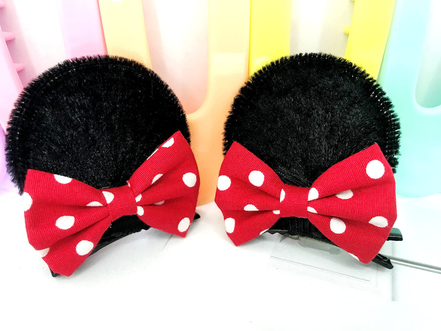 Cute Mouse Ears Hair Clips with Red Polka Dot Bows - Girls Costume Accessories for Theme Party, Travel, Halloween, Birthday Look