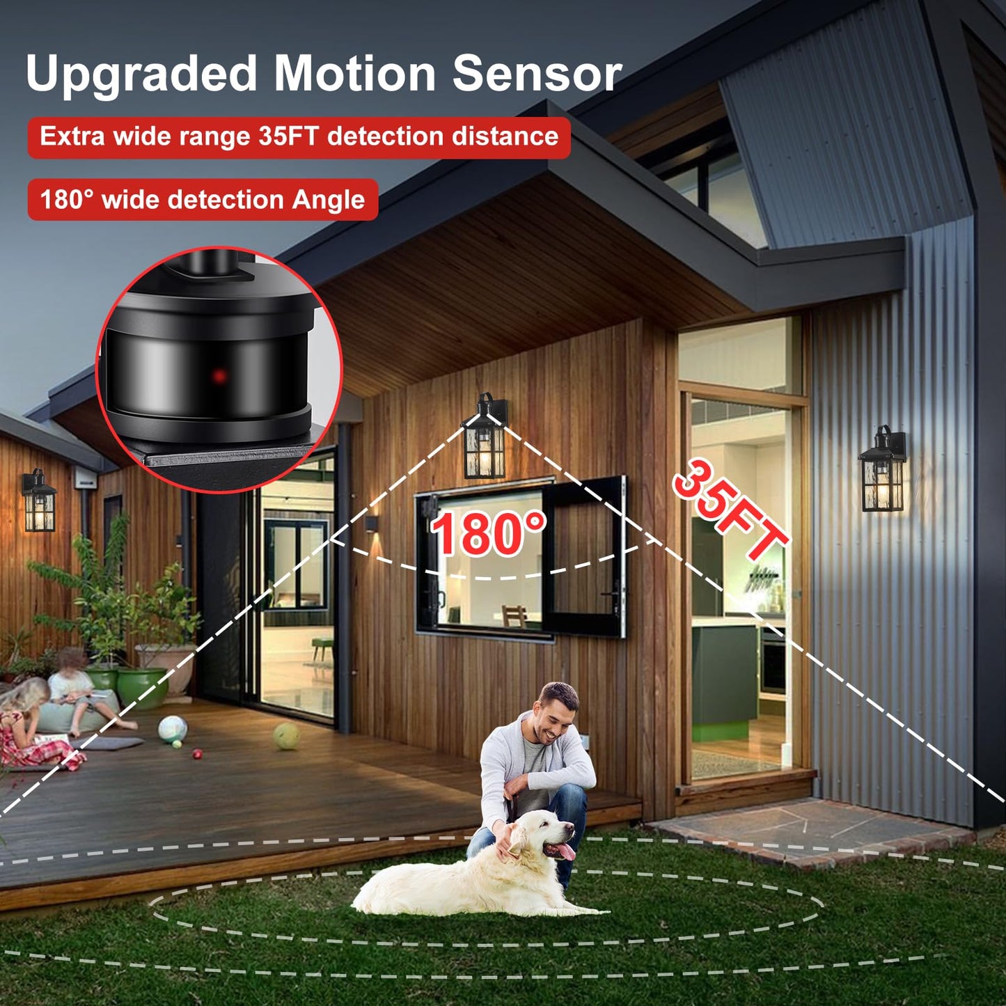 YJXGDIL Outdoor Porch Lights with Remote Control, Motion Sensor, 3 Lighting Modes, Metal, Black, Model H2001-1B-RW
