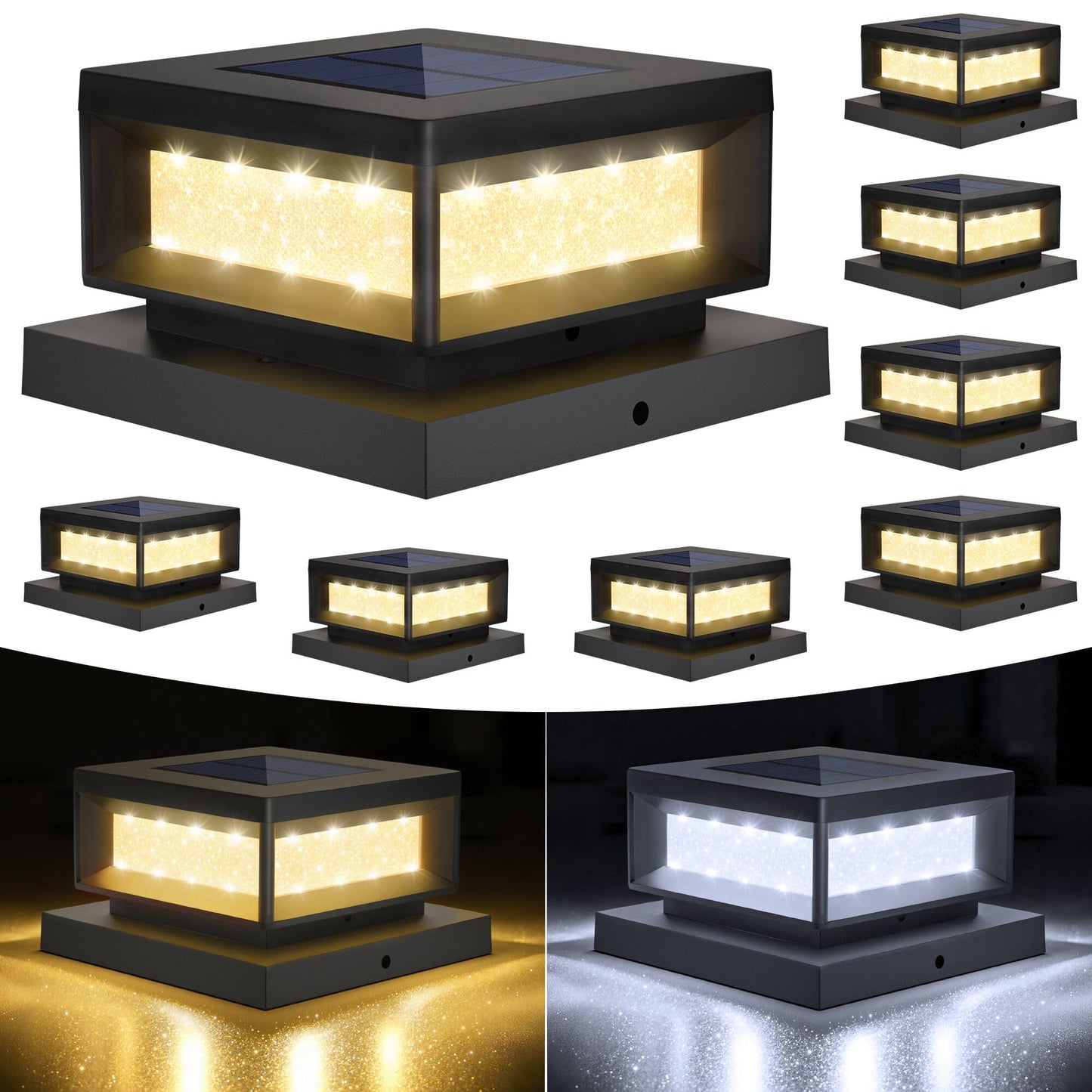 Mlambert 8 Pack Solar Post Cap Lights Outdoor  Waterproof Deck Fence Post Light For 4X4 Wood/Vinyl Posts  6X6 Wooden Posts  Cool/Warm Lighting  Black