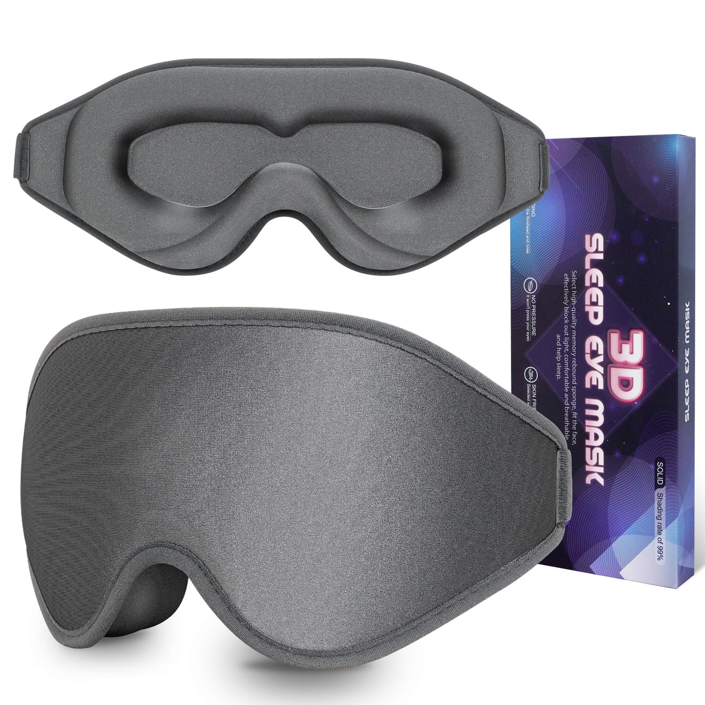 Sleep Mask 3D Eye Mask for Sleeping 100% Light Blocking Eye Covers with Adjustable Strap Night Blindfold for Women Memory Foam Gray