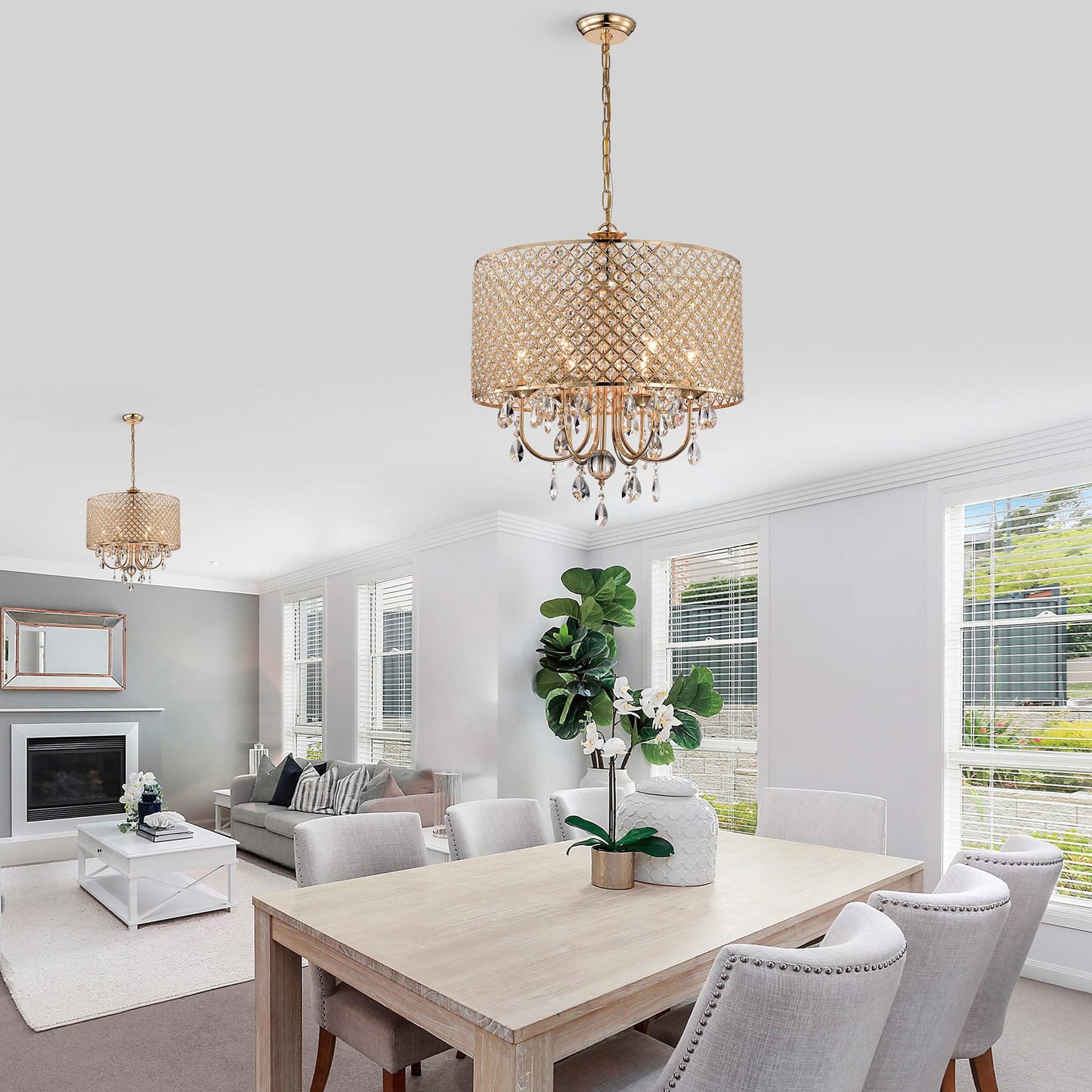 Edvivi 6-Light Drum Crystal Chandelier, Gold Finish With Hanging Tear Drop Crystals, Adjustable Lighting For Dining Room And Entryway