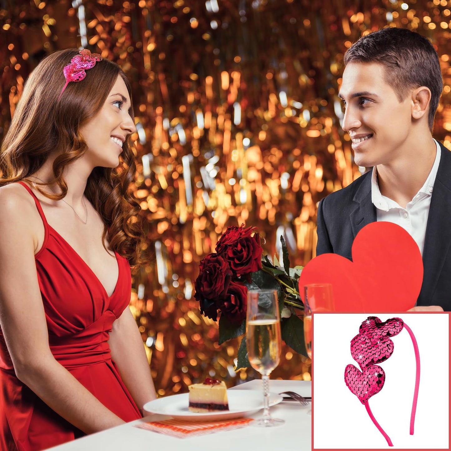 Chuangdi Valentine's Day Glitter Heart Headband - 3 Pcs Sequin Headband Elastic Love Heart Hair Band for Wedding (Rose Red, Blue