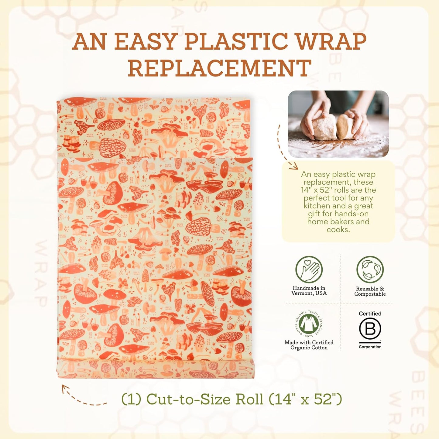 Bee's Wrap Beeswax Wraps for Food - Cut to Size 14x52" Wax Paper Roll - Made in USA Reusable Waxed Paper & Bowl Covers - Organic Eco-Friendly Alternative to Aluminum Foil, Mushroom Magic