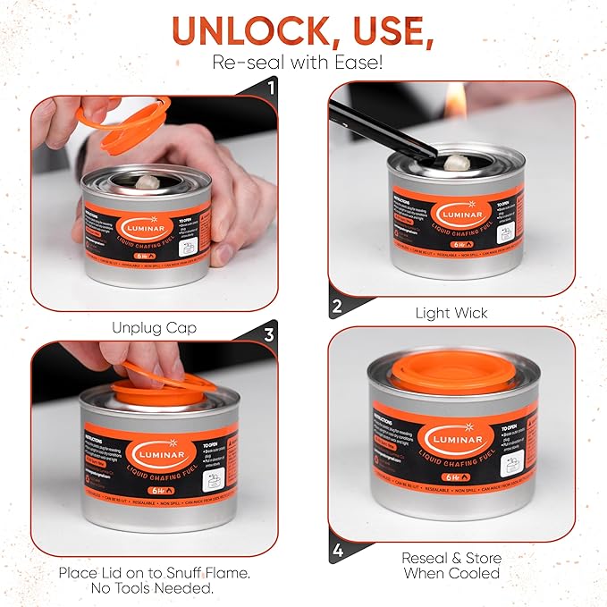 Luminar Resealable-Wick Chafing Fuel Cans, 6 Pack, 6 Hour - Premium Quality Burners for Food Warmers - No More Spills, Waste, or Hassle - Perfect for Convenient, and Long-Lasting Event Catering