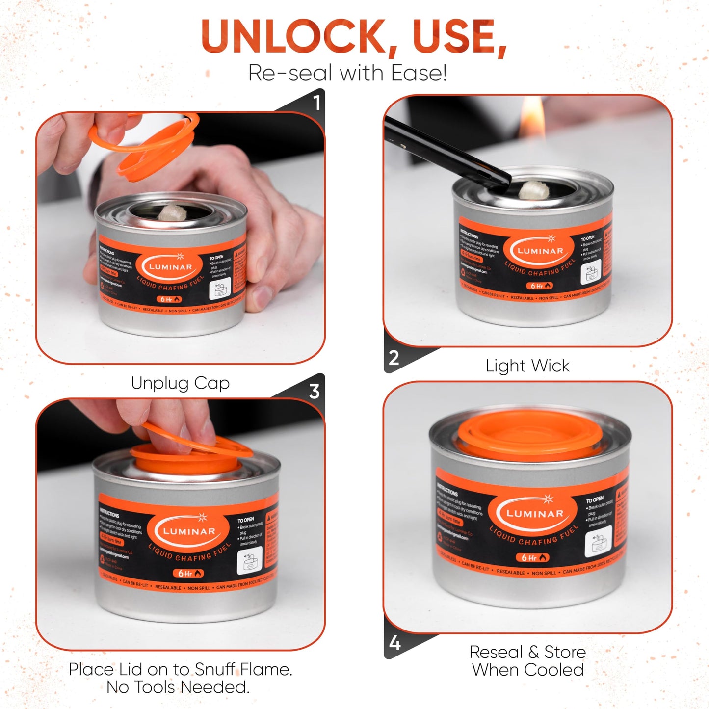 Luminar Resealable-Wick Chafing Fuel Cans, 24 Pack, 6 Hour - Premium Quality Burners for Food Warmers - No More Spills, Waste, or Hassle - Perfect for Convenient, and Long-Lasting Event Catering