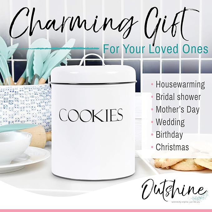 OUTSHINE White Cookie Jar with Airtight Lids | Vintage | Kitchen Counter Decorative Farmhouse Countertop Metal Treat Container | Best Cookie Tin for Gift Giving