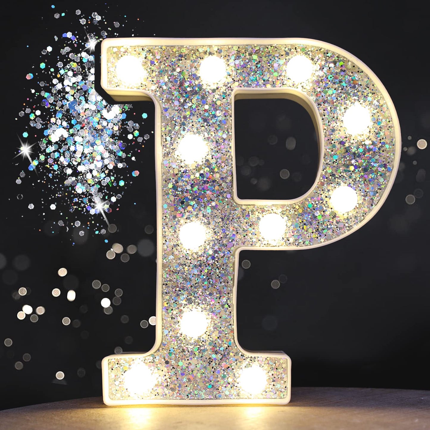 Pooqla LED Marquee Letter Lights, Silver Glitter Alphabet Sign, Battery Powered for Parties, Home Decoration, Letter P