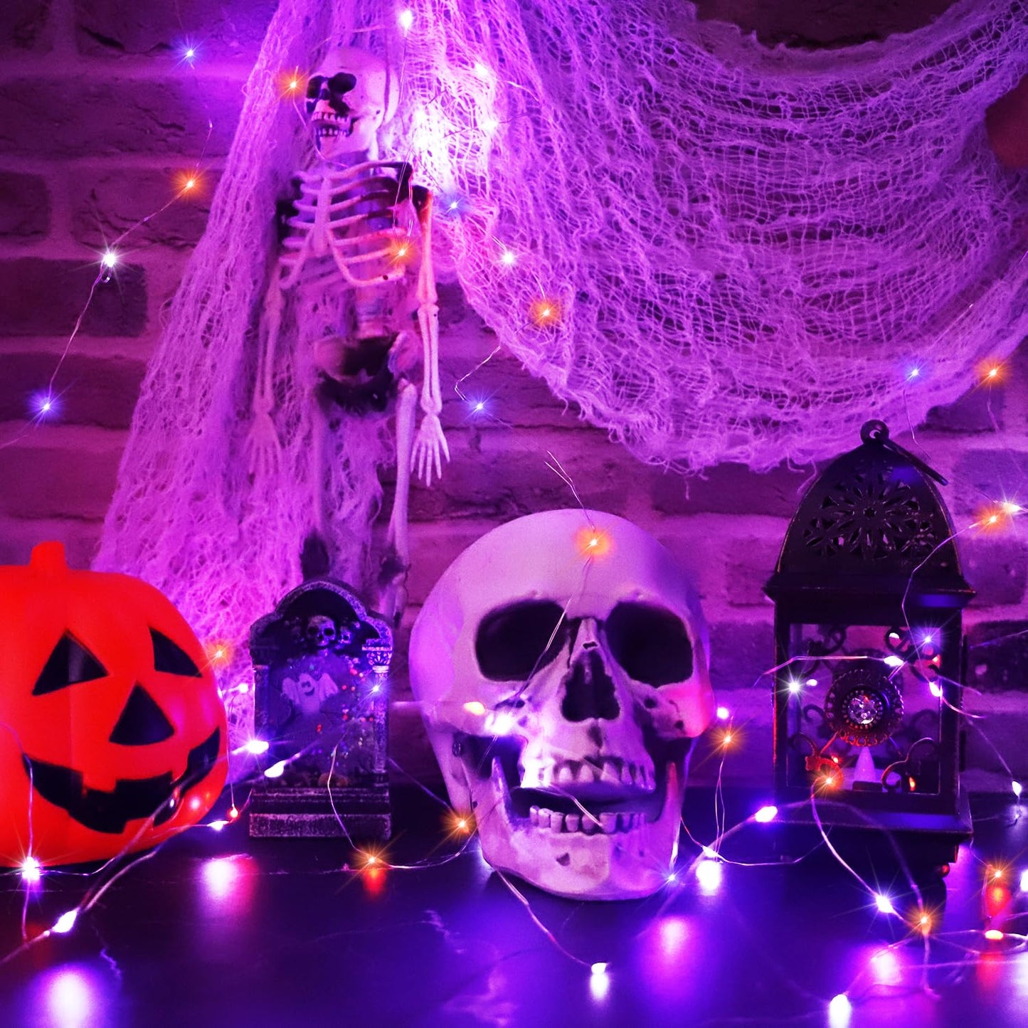Curyidy 100LED Copper String Lights, Battery Operated Fairy Lights with Remote, Purple White Orange, Halloween Decor - 4 Pack