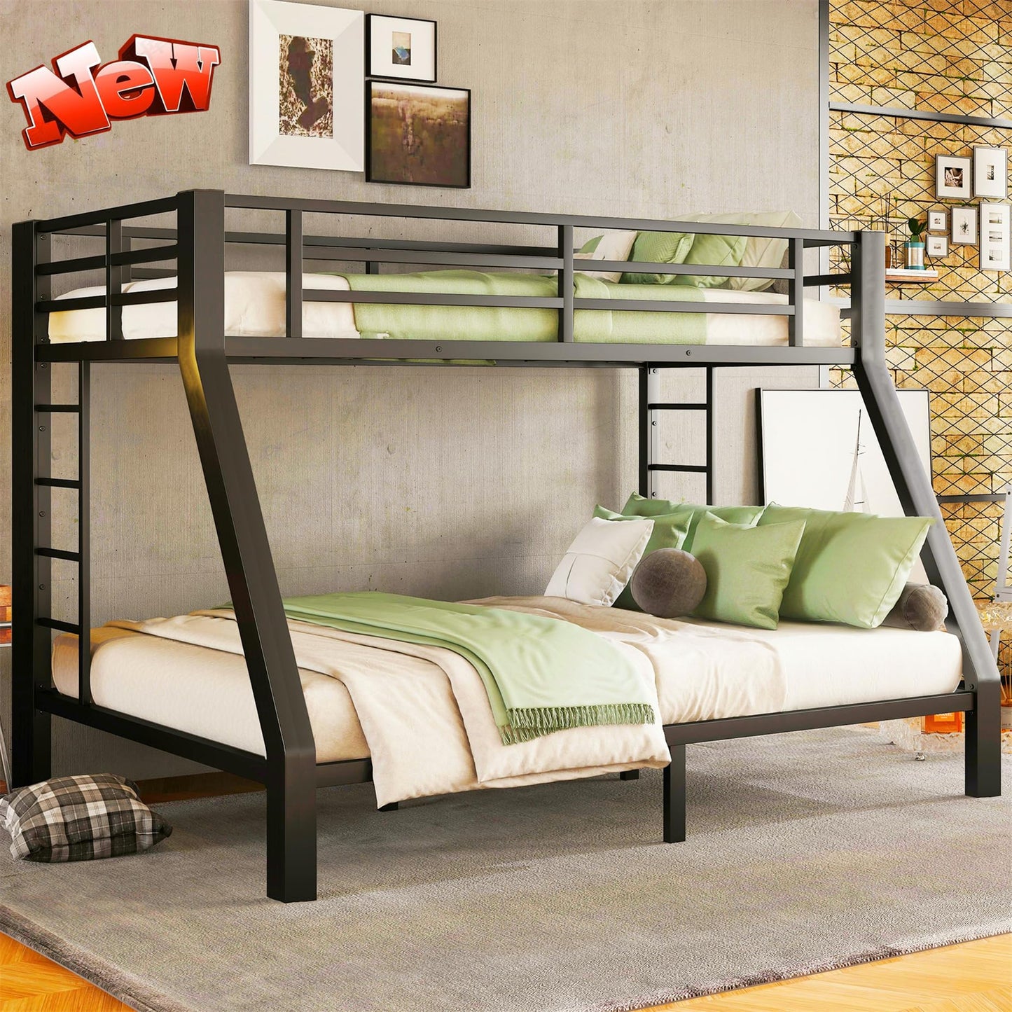 LEEKAF Stronger & Higher Quality Heavy Duty Steel Twin XL Over Queen Bunk Bed, Safer More Stable Thickened Metal Bunk Queen Bed with Enhanced Legs & Slats (Faster Assembly)