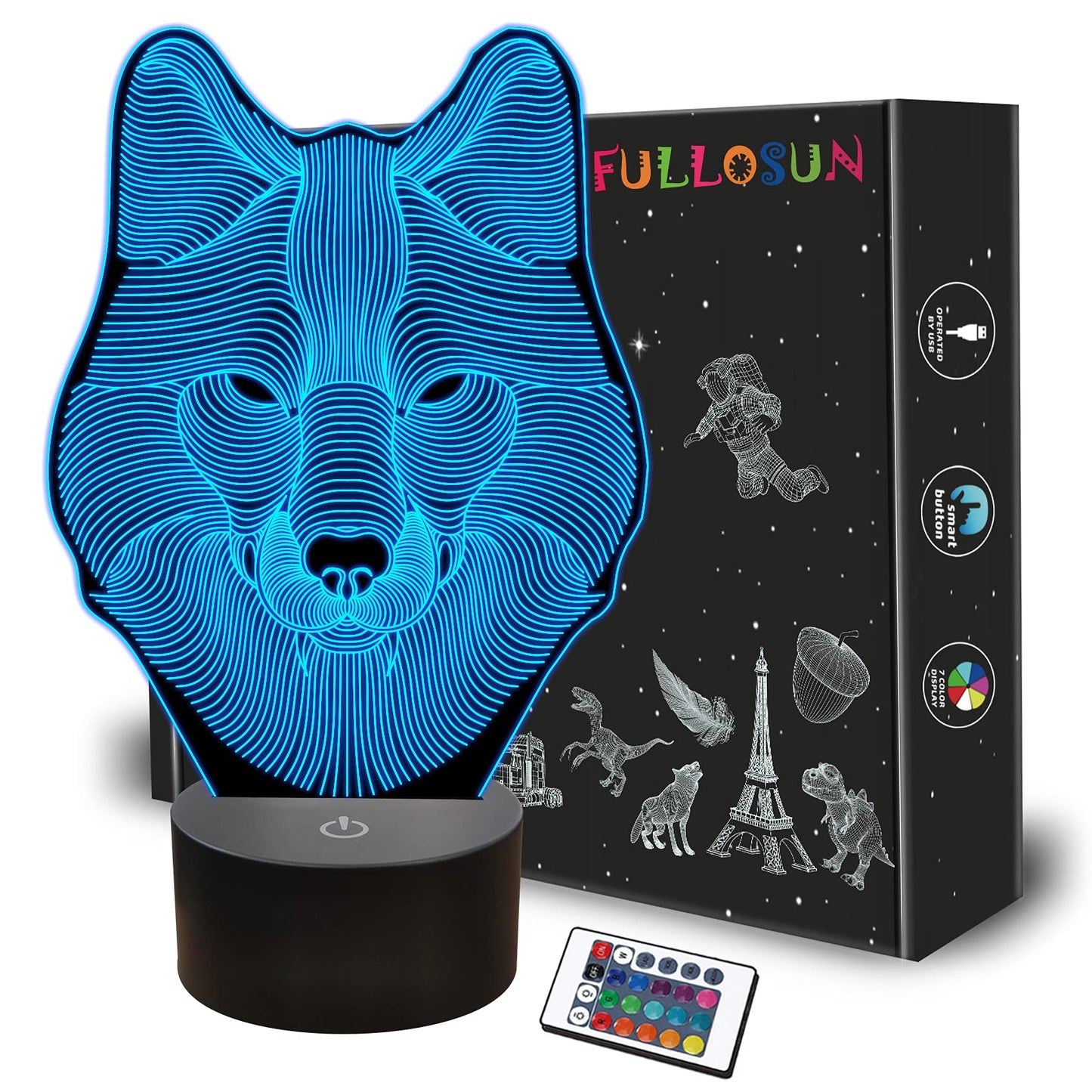 FULLOSUN 3D Wolf Night Light, Acrylic Optical Illusion Lamp, Remote Controller, 16 Color Changing, Model FS-3242, Blue-Wolf