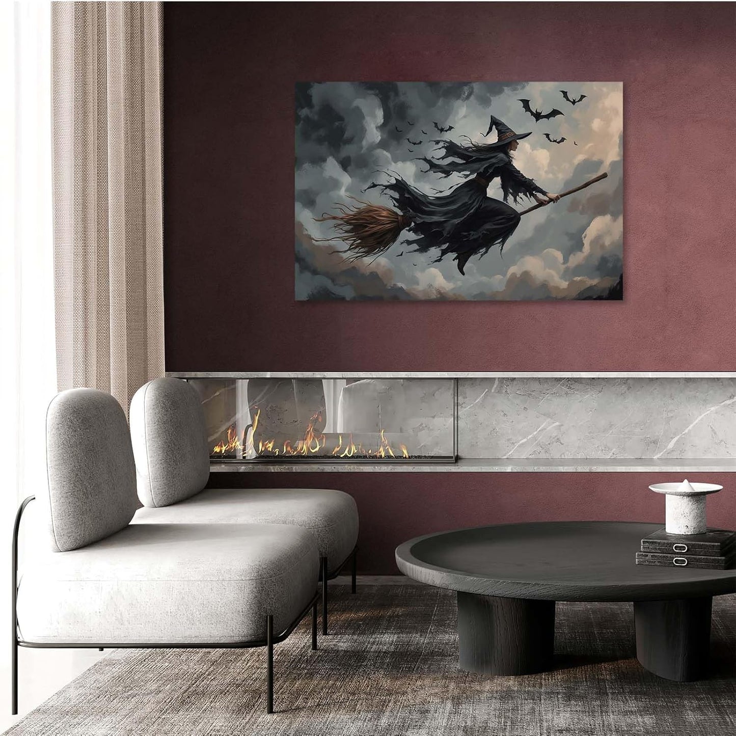 Witch and bat flying Halloween poster suitable for home party wall decoration retro Halloween preppy style wall art canvas print suitable for room decoration8x12in Wood Framed