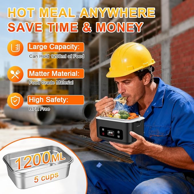 Cordless Electric Heated Lunch Box,Pro 24000mah Heated Lunch Box,Battery Powered, 1.2L Portable Food Heater-3D-5 Side Heating-Intelligent Temperature Control,Suitable For Trucks,Offices,Travel