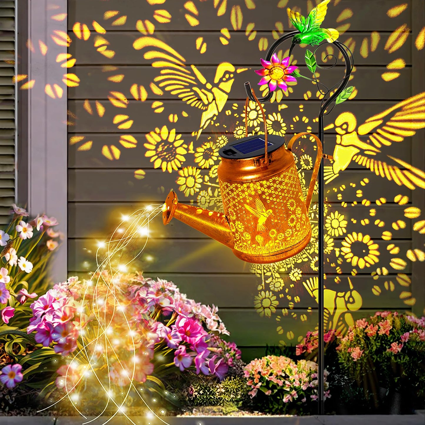 Hummingbird Solar Lights Outdoor Waterproof, Solar Watering Can Lights with Shepherd Hook, Metal Hanging Lantern Garden Decor Ya