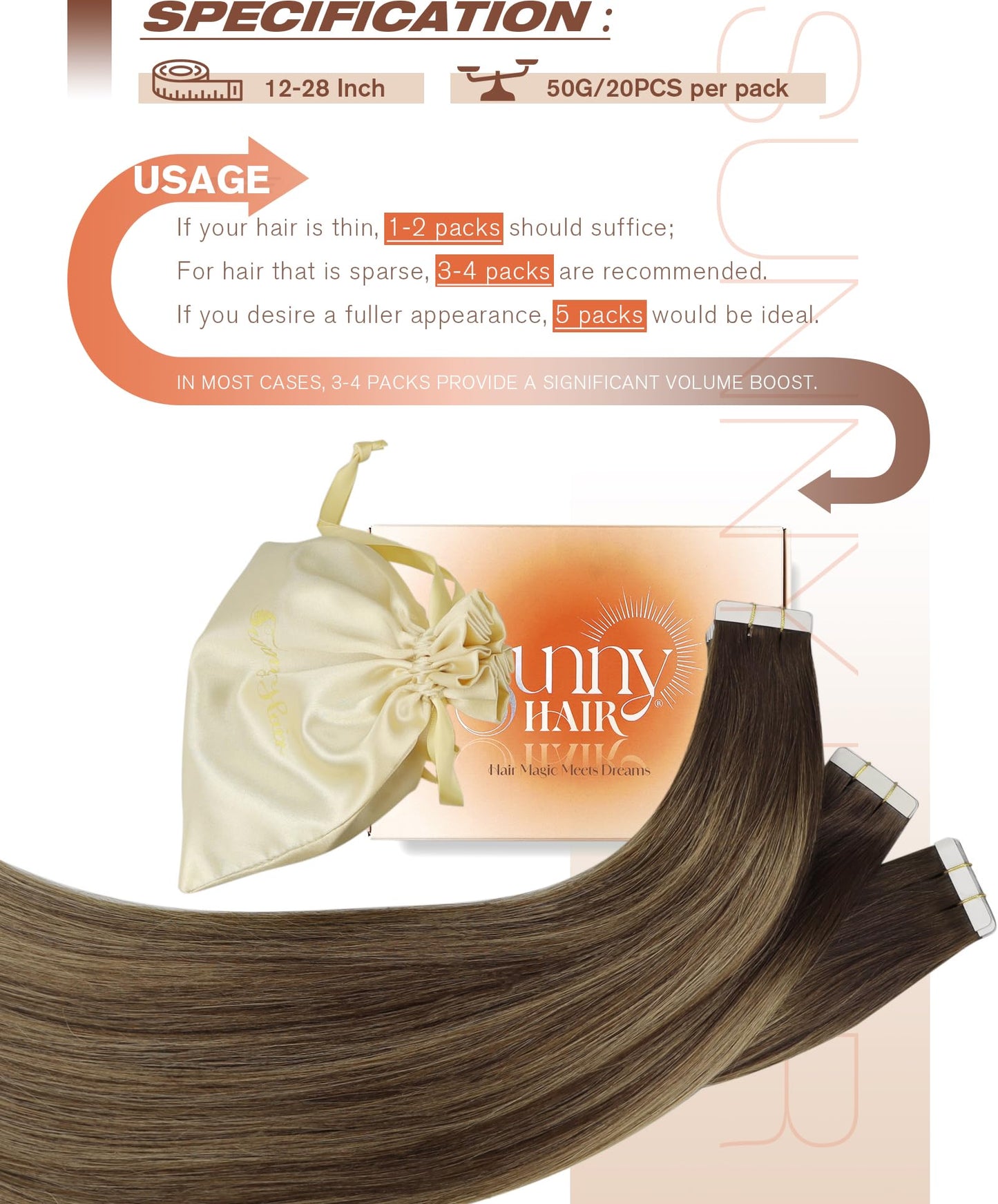 Sunny Hair Tape in Hair Extensions Real Human Hair Invisible Remy Hair Extensions Tape ins for Women Dark Brown Root to Caramel
