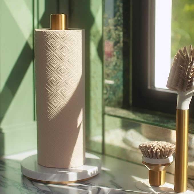 Curio Home Goods Obscura Paper Towel Holder plus Spray Bottle, Stainless Steel and Marble, Gold/White