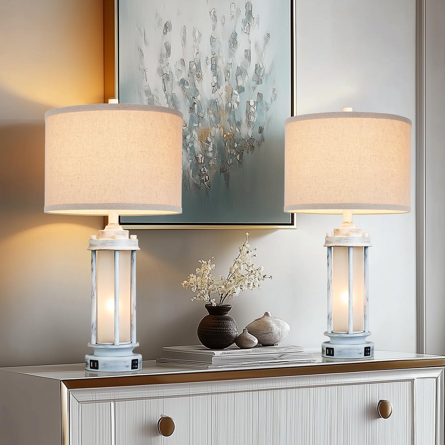 AIEAMPDO Rustic Table Lamps Set of 2, Vintage Nightstand Lamps with USB Ports, Antique White, 25in - Model VAR-8882-XFH