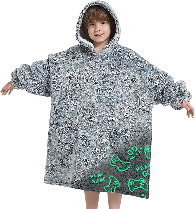 Fiosnow Glow in the Dark Game Controller Blanket Hoodies for Kids 6-13YR Oversize Wearable Blanket Hoodies for Boys Girls ...