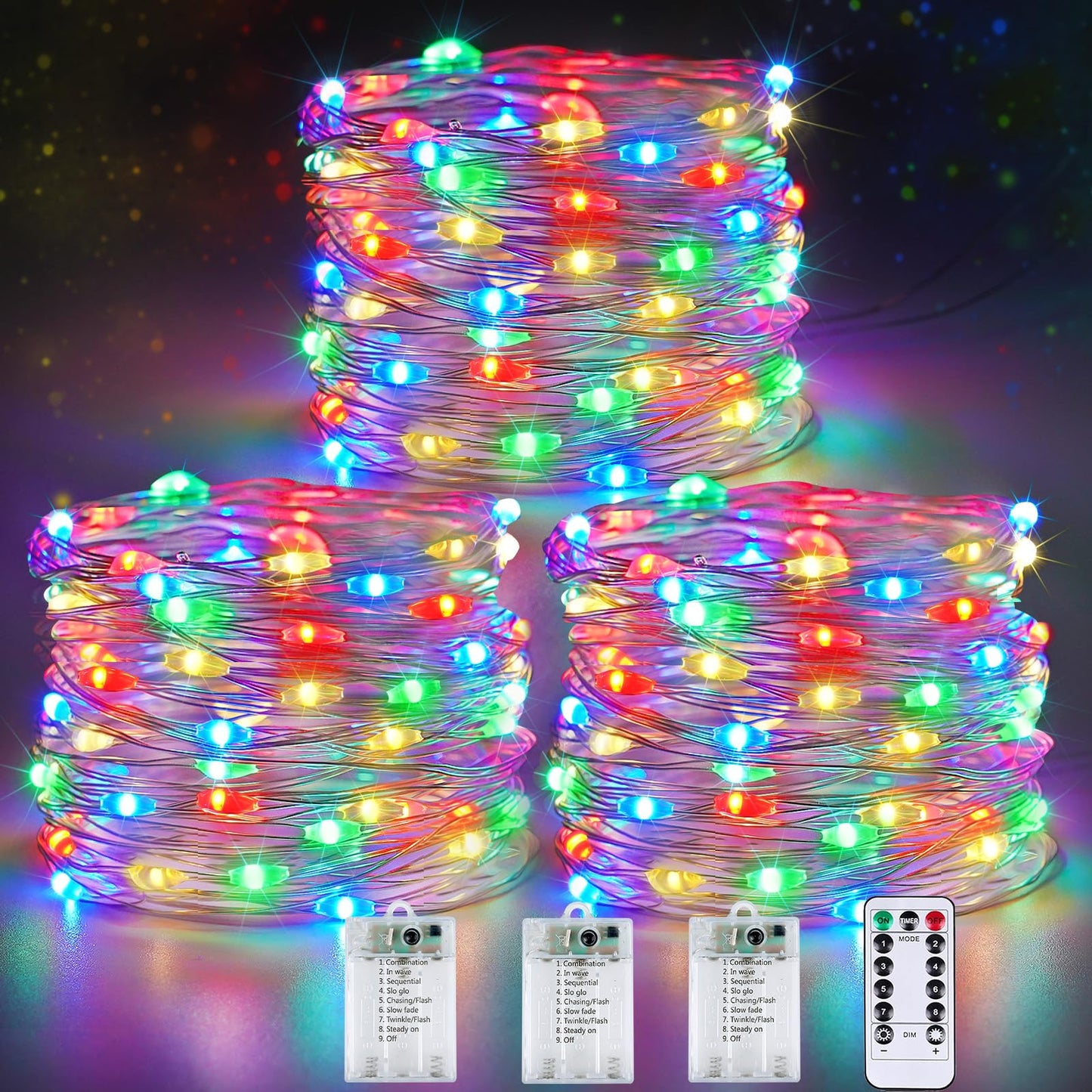 YIQU 3 Pack Battery Operated Fairy Lights, 26 FT, 80 LED, Remote Control Timer, 8 Modes, Multicolor, Indoor/Outdoor