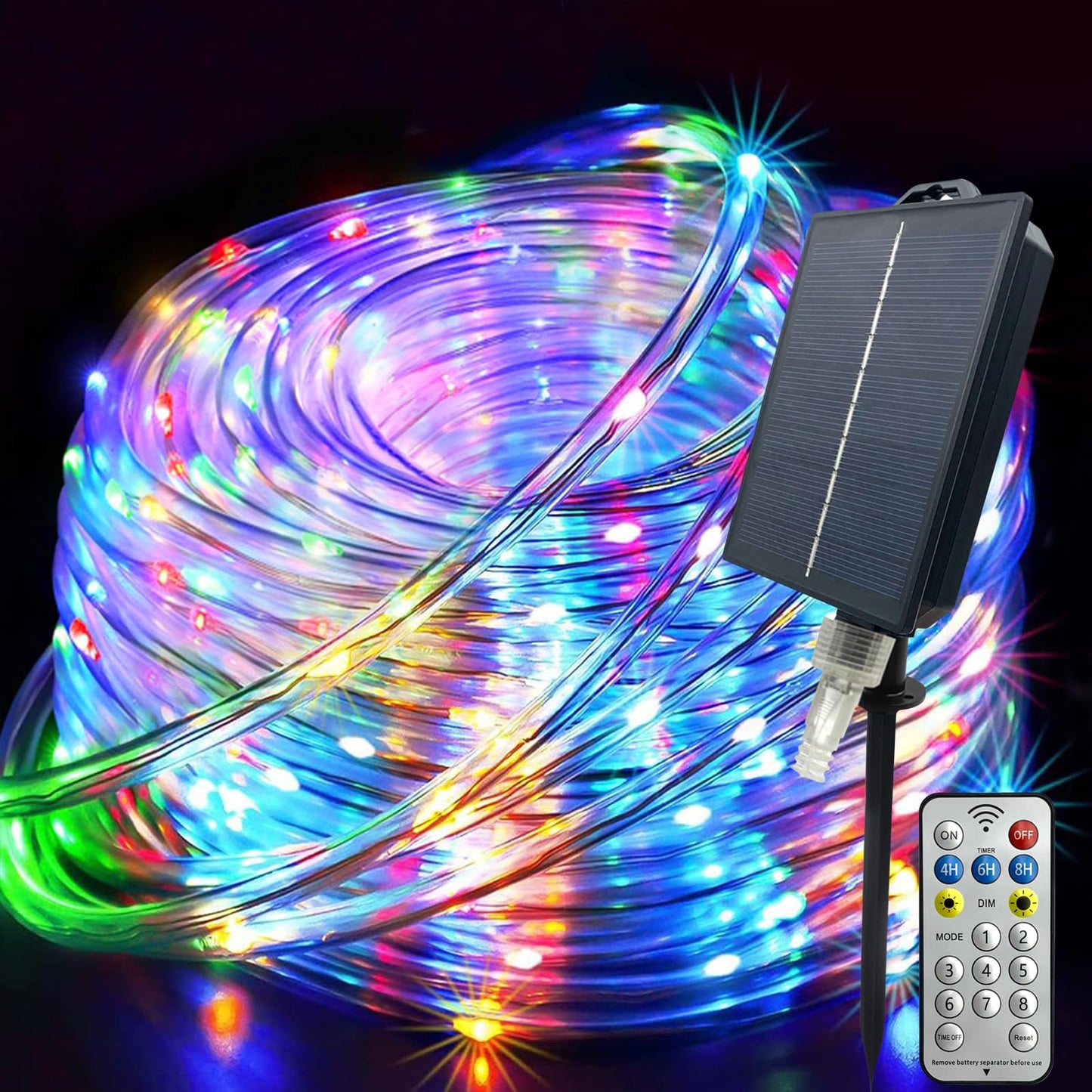 GLPE Solar Rope Lights, 66ft 200 LEDs, Waterproof Multicolor Fairy Lights, 8 Modes, Remote Control for Outdoor Use
