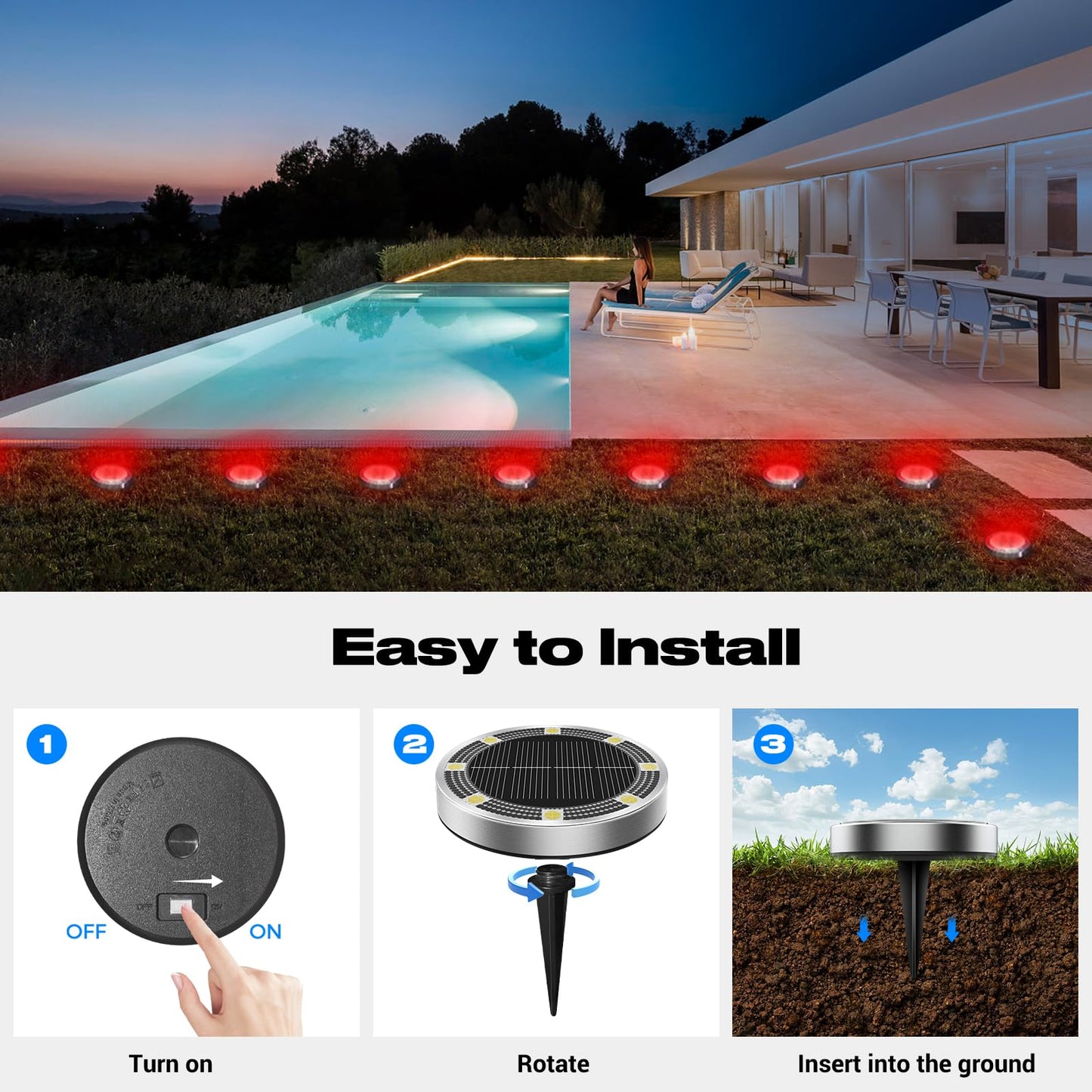 Peasur Mini Solar Ground Lights Outdoor  8 Pack Flat Solar Powered Disc Lights  Ip68 Waterproof  Anti-Rust  Landscape Lighting For Pathway Garden Yard Lawn Walkway Landscape Driveway  Red