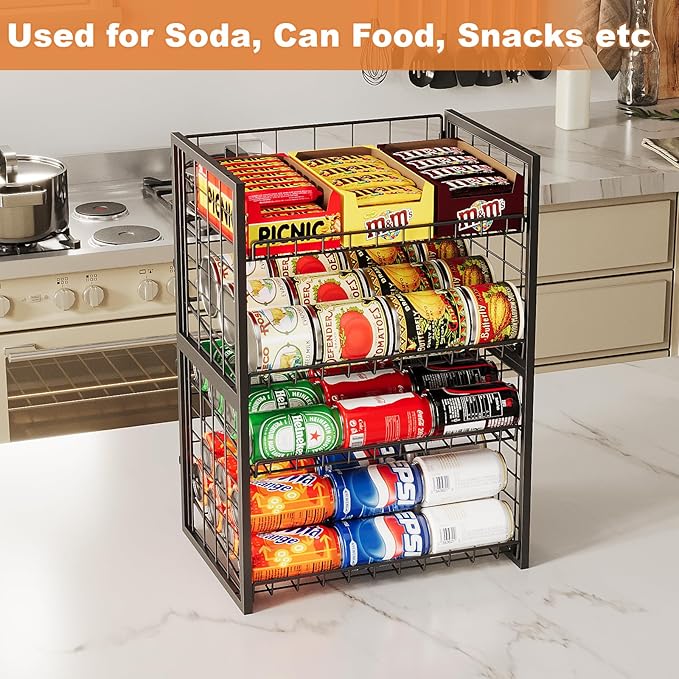 X-cosrack 2 Packs Stackable Can Rack Organizer for Pantry, 2-Tier Adjustable Pantry Can Storage Organizer for Canned Food Can Goods, Kitchen Can Dispenser Holder for Soda Drinks Snack, Black
