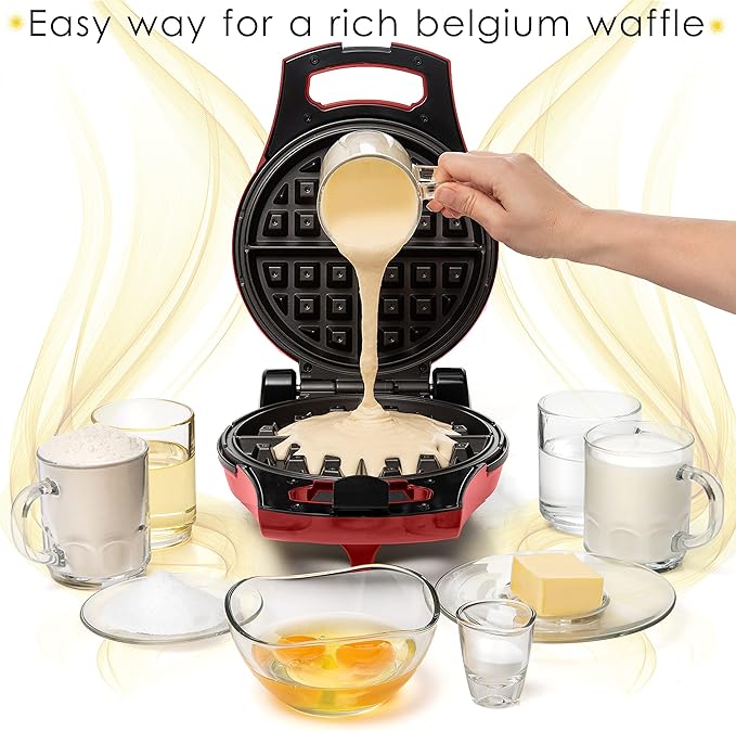 Moss & Stone Red Belgian Waffle Maker, Electric Waffle Machine, Flips & Non-Stick Grids, Temperature Control, Round Waffle
